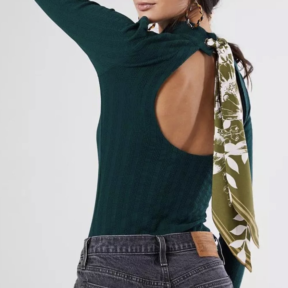 Free People Party in the Back Tie Scarf Mock Neck Top Green